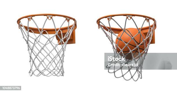 3d Rendering Of Two Basketball Nets With Orange Hoops One Empty And One With A Ball Falling Inside Stock Photo - Download Image Now