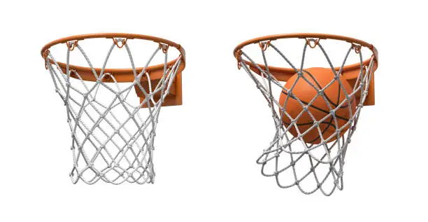 3d rendering of two basketball nets with orange hoops, one empty and one with a ball falling inside. Basketball score. Ball game. Empty and full hoop.