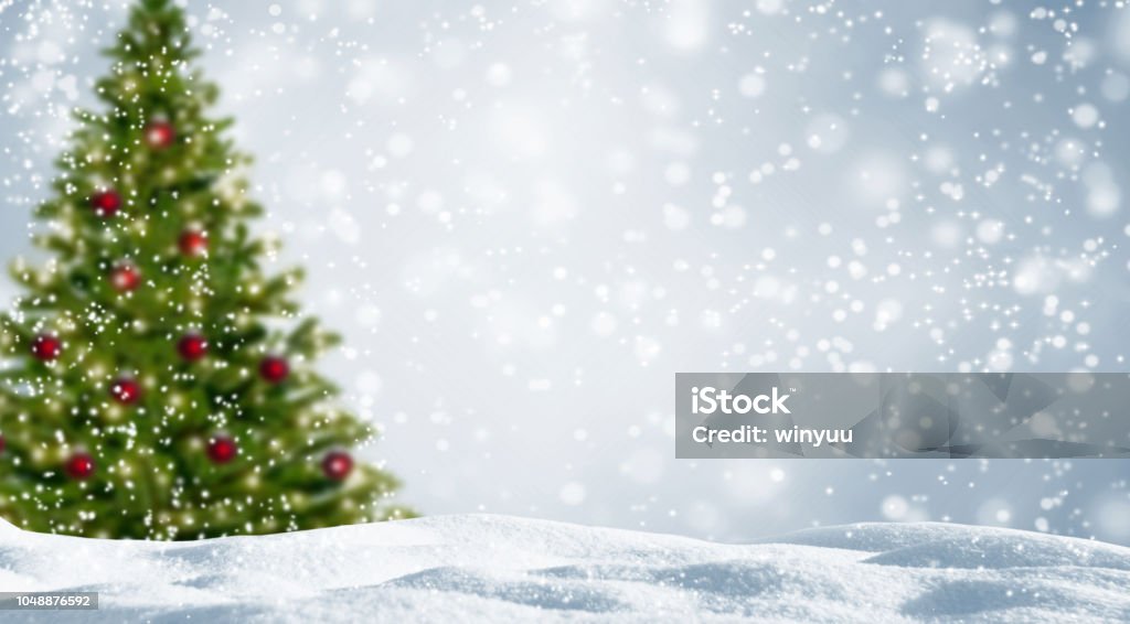 blurred christmas tree in white snowy landscape Christmas Stock Photo