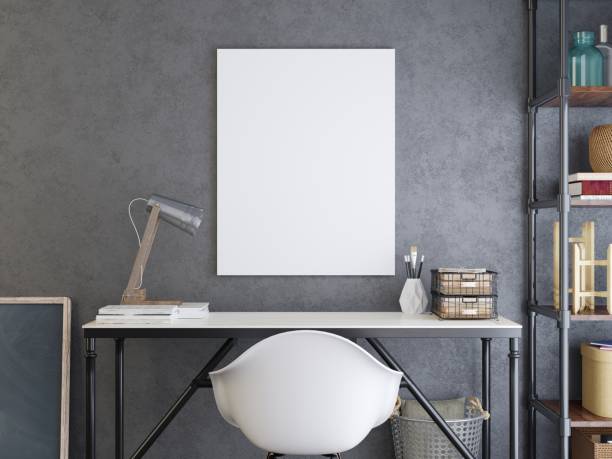 istock mockup poster above the desk. 1048883262
