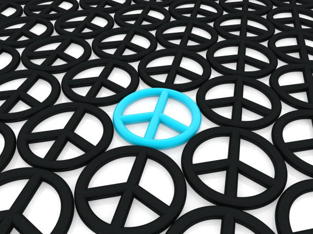 istock Peace symbol in blue on white between black peace symbols 1048887706