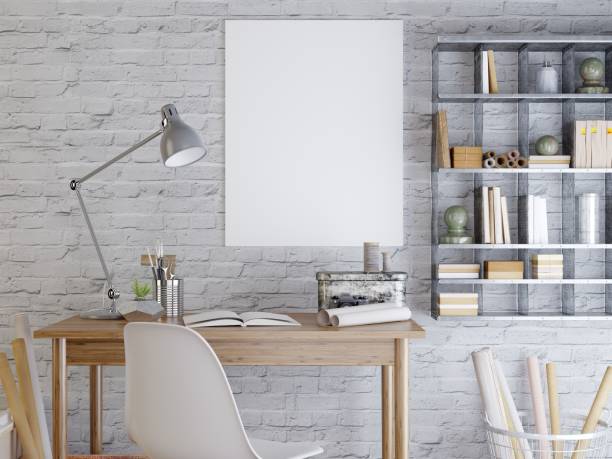 mockup poster on a white brick wall. mockup poster on a white brick wall. The poster above the desk and shelves in a hipster style. 3D render. boarded up photos stock pictures, royalty-free photos & images