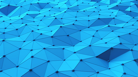 Blue structure of network connection triangle in digital computer technology concept, texture pattern background. 3d abstract illustration