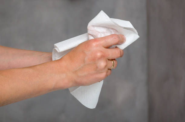 Female hands holding white towel Close up view of female hands holding white towel wringing with hand stock pictures, royalty-free photos & images