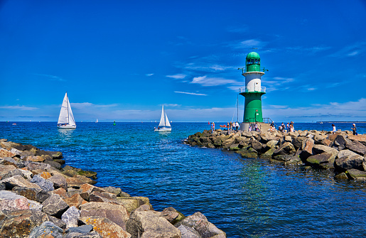Lighthouse of Warnemünde on the Mole at the harbor entrance, Germany