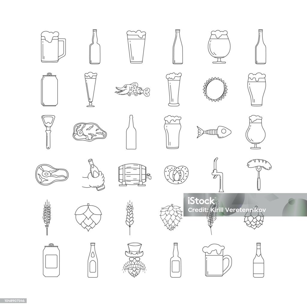 Big set of beer icons with bottles, pint glasses, mug, steak, pretzel, sausage, malt, wheat, barley ears, hop, barrel. For pub label design. Vector isolated illustration. Drawing - Activity stock vector