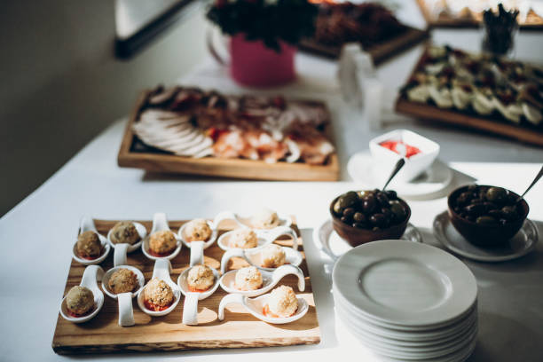 istock delicious table with different meat at wedding reception in restaurant. meatballs, ham,salami,sausage and prosciutto on plate, luxury catering 1048911722