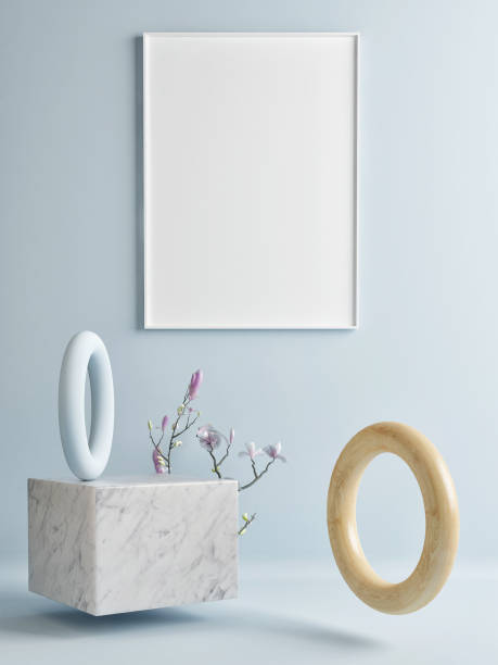 istock Mock up poster on blue wall with abstract  geometric composition 1048911924