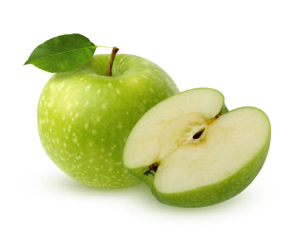 istock Green Apple with leaf, isolated on white 1048913338