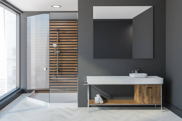 istock Gray Scandinavian bathroom, sink and shower 1048917336