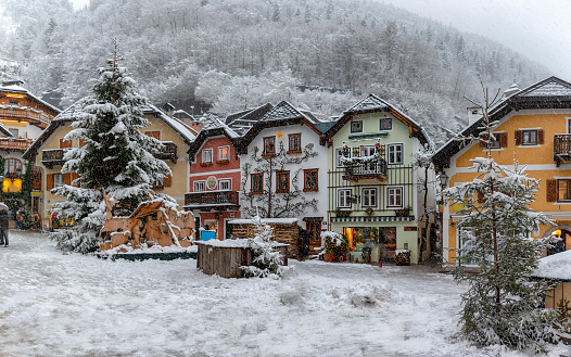 Panorama of the historic town of Hallstatt, Austria, with snow during christmas winter time
