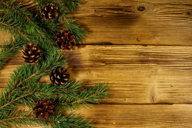 istock Christmas composition with fir tree branches and cones on wooden background. Top view, copy space 1048922222