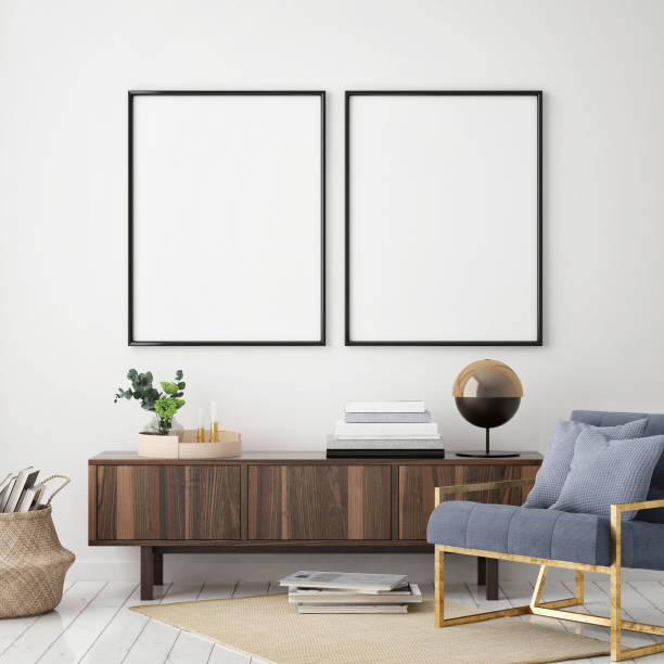 istock mock up poster frame in hipster interior background, Scandinavian style, 3D render, 3D illustration 1048922628