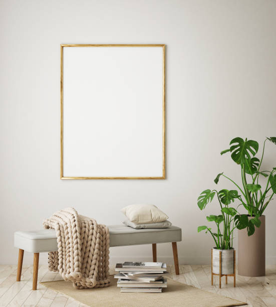 istock mock up poster frame in hipster interior background, Scandinavian style, 3D render, 3D illustration 1048922722
