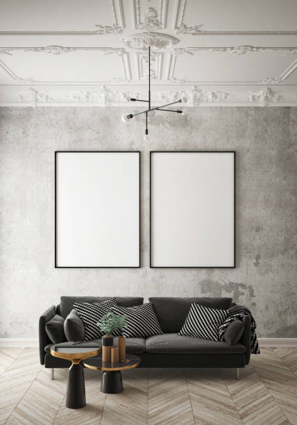 istock mock up poster frame in hipster interior background, Scandinavian style, 3D render, 3D illustration 1048923052