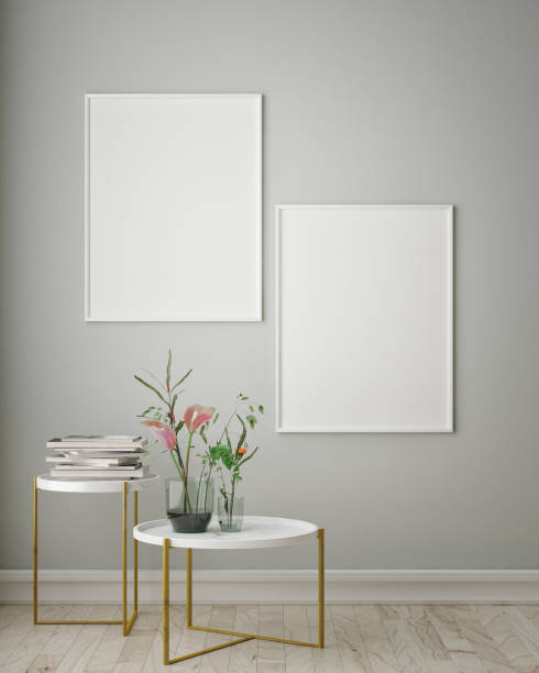 istock mock up poster frame in hipster interior background, Scandinavian style, 3D render, 3D illustration 1048923054