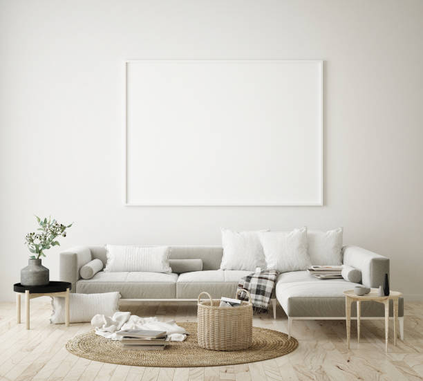 istock mock up poster frame in hipster interior background, Scandinavian style, 3D render, 3D illustration 1048923064