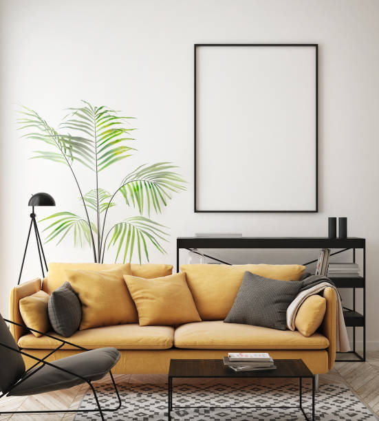 istock mock up poster frame in hipster interior background, Scandinavian style, 3D render, 3D illustration 1048923180