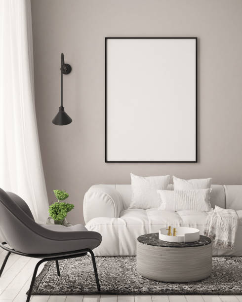 istock mock up poster frame in hipster interior background, Scandinavian style, 3D render, 3D illustration 1048923310
