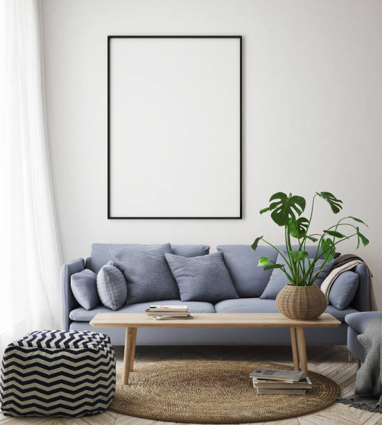 istock mock up poster frame in hipster interior background, Scandinavian style, 3D render, 3D illustration 1048923334