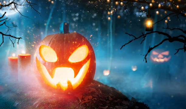 istock Spooky halloween pumpkins in forest 1048923488