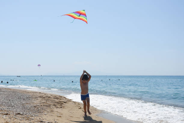 istock Little boy playing with kite on tropical beach 1048931148