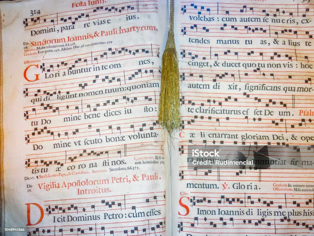 Gregorian Music Sheet Gregorian style ancient music sheet detail view Chanting Stock Photo