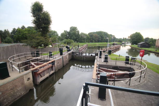 istock Sluice complex Gojanverwellesluis in river Hollandsche IJssel at Gouda where tide river will change in canal 1048951628