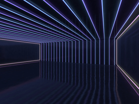 Background of an empty room with walls and neon light. Neon rays and glow. 3D rendering