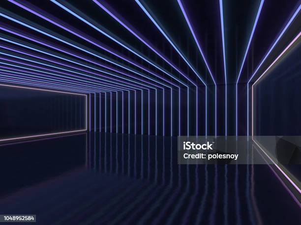 Background Of An Empty Room With Walls And Neon Light Neon Rays And Glow 3d Stock Photo - Download Image Now