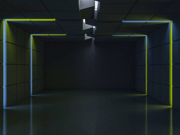 istock Background of an empty room with walls and neon light. Neon rays and glow. 3D 1048954466