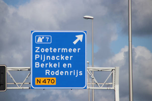 Sign above motorway A12 for the junction to Zoetermeer, Pijnackter and Berkel and Rodenrijs on regional road N470 in the Netherlands Sign above motorway A12 for the junction to Zoetermeer, Pijnackter and Berkel and Rodenrijs on regional road N470 in the Netherlands. berkel stock pictures, royalty-free photos & images