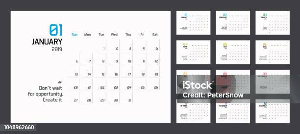 Modern Minimal Calendar Planner Template For 2019 Vector Design Editable Template With Motivational Quotes Stock Illustration - Download Image Now