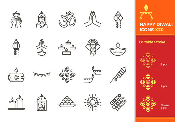 diwali hinduistische festival elemente. 20 dünne linie vektor bearbeitbare symbole. strich leicht bearbeitbar - diya öllampe stock-grafiken, -clipart, -cartoons und -symbole