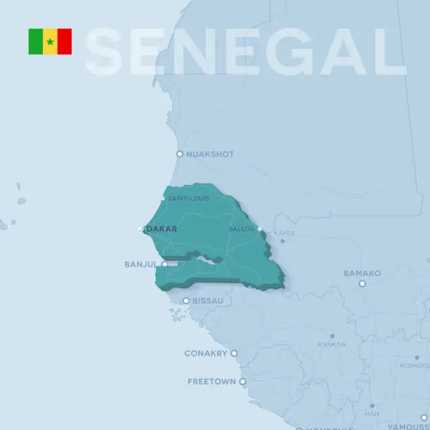 Vector illustration of Verctor Map of cities and roads in Senegal.