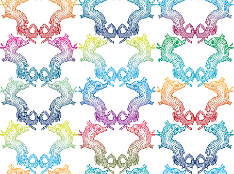 Seamless pattern with color ornamental seahorse on a white background. Sea animal wallpaper.