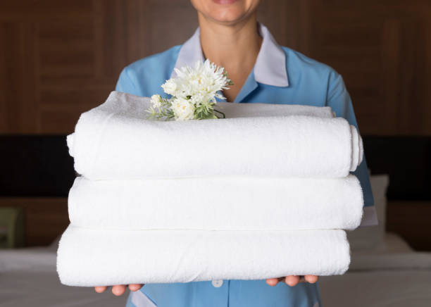 Maid working at a hotel, holding clean towels.