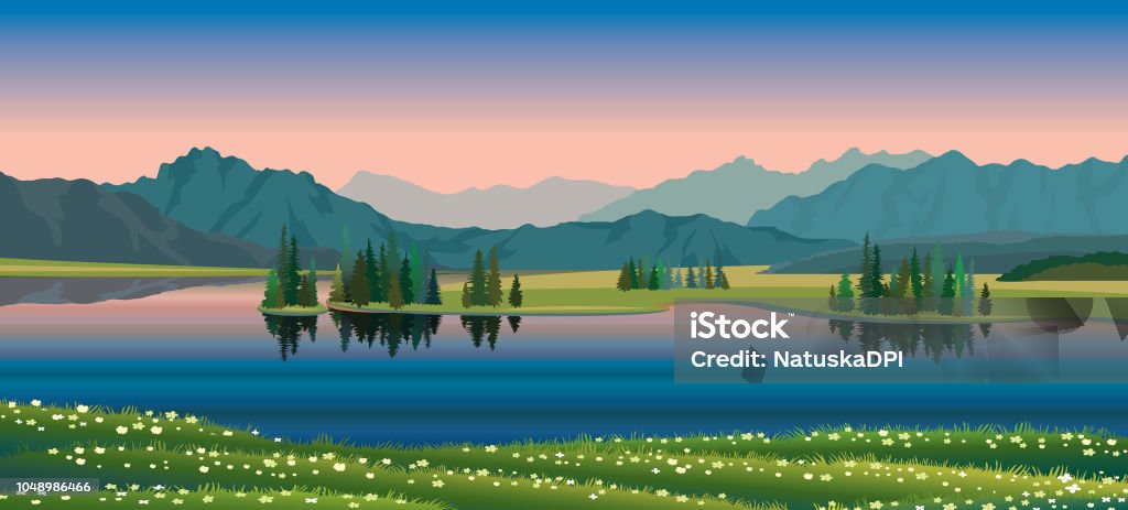 Summer landscape - lake, forest, mountain,flowers Summer vector landscape with green forest, calm lake, blooming flowers and mountains on a sunset sky. Nature illustration. Lake stock vector