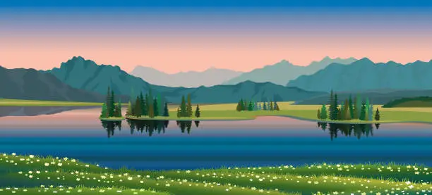 Vector illustration of Summer landscape - lake, forest, mountain,flowers