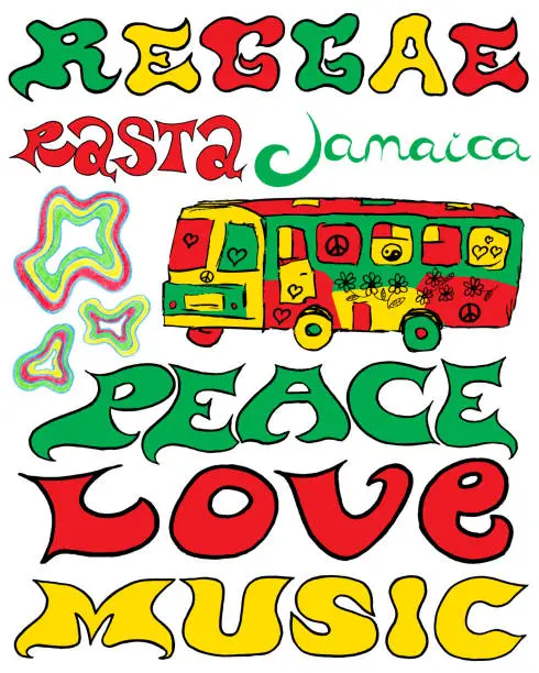 Vector illustration of Reggae lettering and hippie bus set