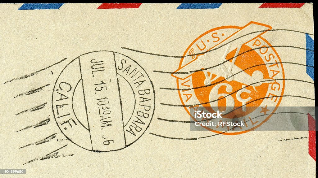 Embossed Air Mail Stamp 6 cent Embossed Air Mail Stamp on an envelope with Santa Barbara California Post Mark Postage Stamp Stock Photo