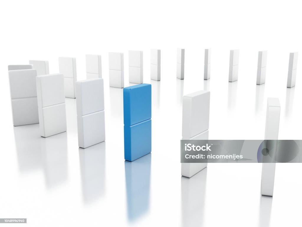 3d Domino tiles falling in a row 3d illustration. Domino tiles falling in a row. Business concept. Isolated white background Domino Stock Photo