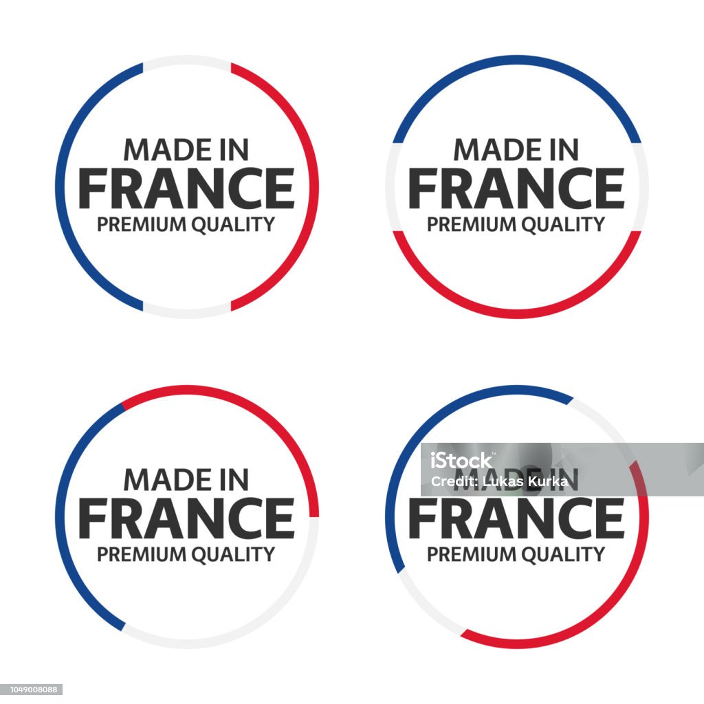 Conjunto de cuatro iconos francés, hecho en Francia, pegatinas de calidad premium y símbolos, ilustración vectorial simple aislado sobre fondo blanco - arte vectorial de Francia libre de derechos