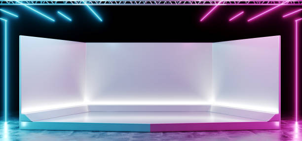 istock Elegant White Modern Reflective Empty Stage On Concrete Floor With Neon Glowing Purple And Blue Lights Background 3D Rendering 1049016822