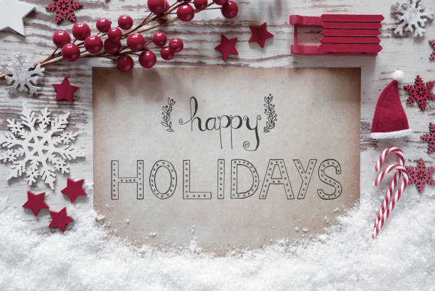 Red Christmas Decoration, Snow, Calligraphy Happy Holidays stock photo