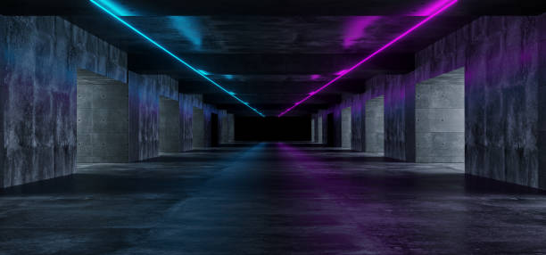 istock Modern Grunge Dark Concrete Empty Long Tunnel With Purple And Blue Neon Light Tubes Sci Fi Elegant 3D Rendering 1049017332