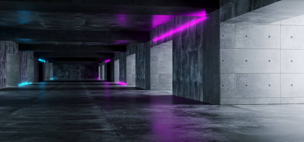istock Modern Grunge Dark Concrete Empty Long Tunnel With Purple And Blue Neon Light Tubes Sci Fi Elegant 3D Rendering 1049019048