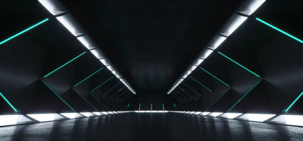 istock Empty Elegant Spaceship Modern Sci Fi Futuristic Long Dark Grunge Concrete Corridor With White Bright Lights And Blue Green Stripes Background 3D Rendering 1049019060