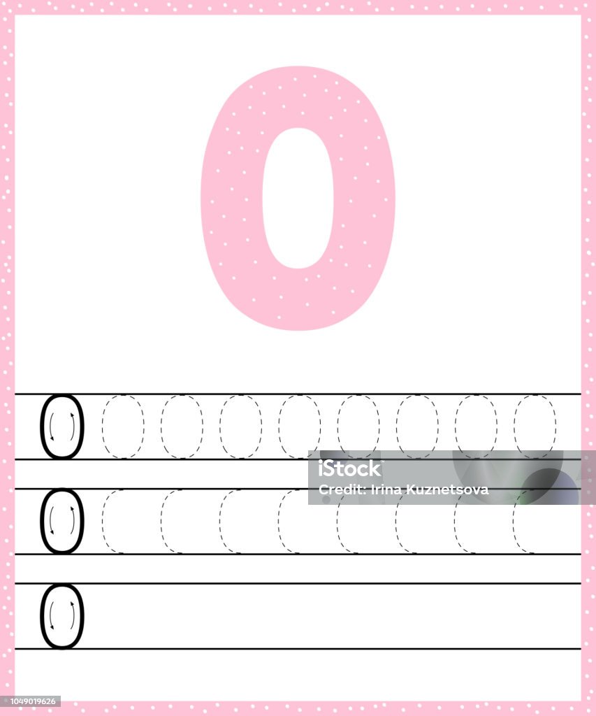 Trace line number for kindergarten and preshool kids. Write a null. Pastel color pink. Dot background. Vector illustration. Alphabet stock vector