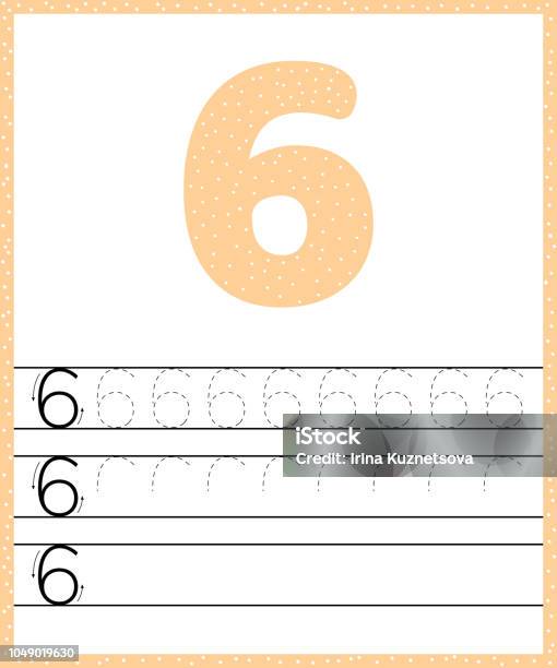 Trace Line Number For Kindergarten And Preshool Kids Write A Six Pastel Color Orange Dot Background Vector Illustration Stock Illustration - Download Image Now